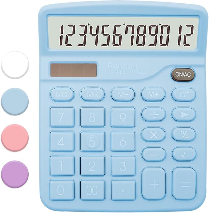 Blue Office Calculator - 12 Digit Desktop LCD Display with Sensitive Buttons