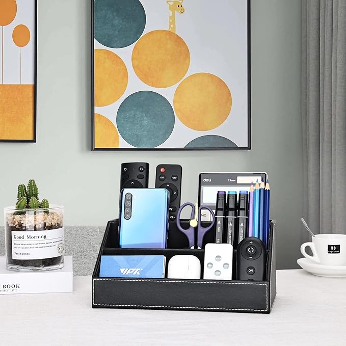KINGFOM Pu Leather Desk Organizer with 5 Compartments Holder, Multi-Functional Office Supplies Storage Caddy for Pen/Pencil, Phones, Remote Controller and Desktop Accessorie Black