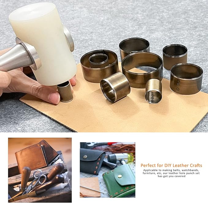 Leather Circle Cutter Tool Set, 9 Pieces Circle Punch Tools 15 20 25 30 35 40 45 50 55mm, High Carbon Steel Round Leather Cutting Dies - Leather Hole Punch Tool Kit for DIY Leather Crafts