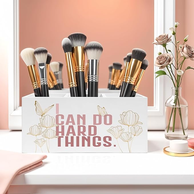 I Can Do Hard Things Pencil Pen Holder for Desk, Butterfly Floral Inspirational Wooden Pencil Holder Organizer for Home Office Desk Accessories, Encouragement Gifts for Women