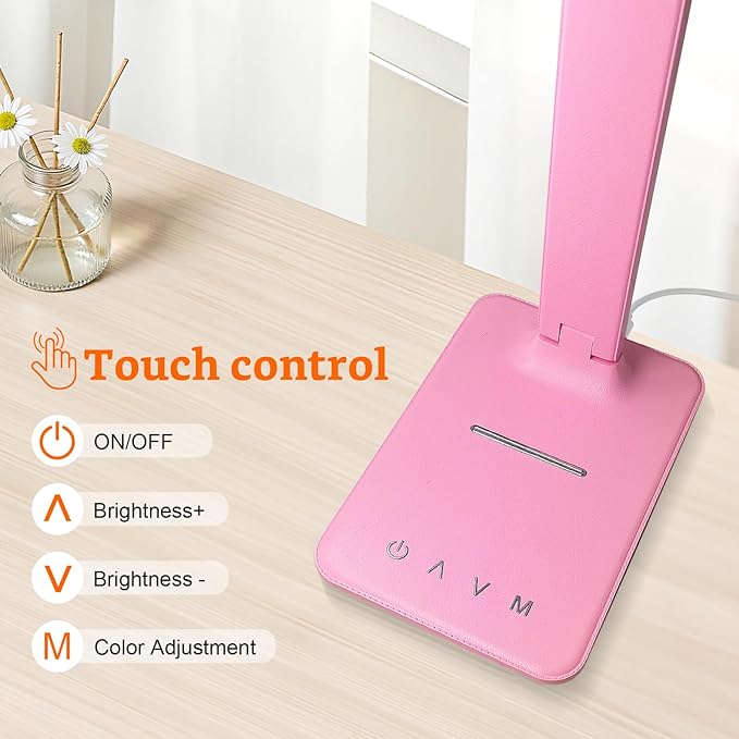 karidi LED Desk Lamp Dimmable Table Lamp with USB Charging Port, 5 Lighting Modes, Sensitive Control, Foldable Portable Desk Light for Home Office Bedroom Reading (Pink, Standard Size - 13.3 inch)