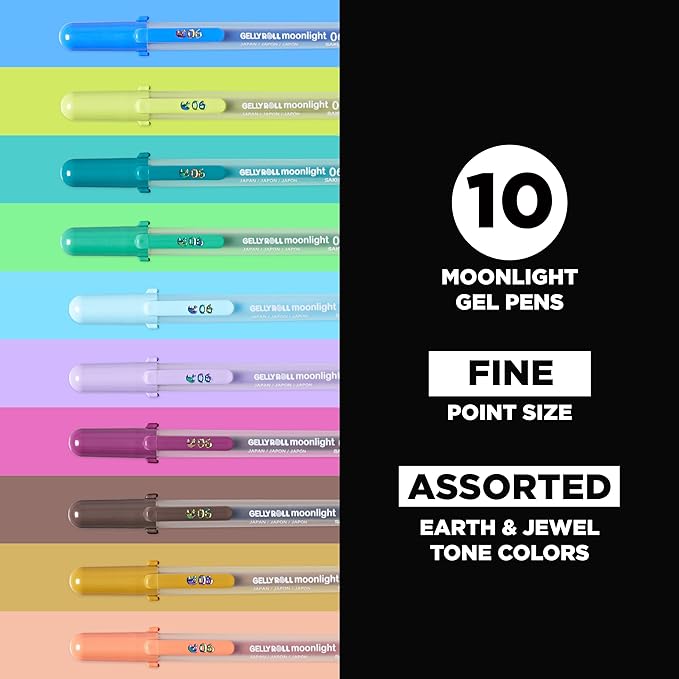SAKURA Gelly Roll Moonlight 06 Gel Pens - Fine Point Ink Pen for Journaling, Art, or Drawing - Assorted Earth & Jewel Tone Ink - Fine Line - 10 Pack