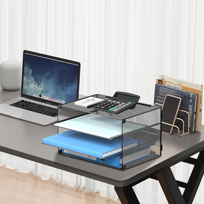 DALTACK 3 Tier Letter Tray Paper Organizer Mesh Metal Desk File Organizer for Home & Office, Black