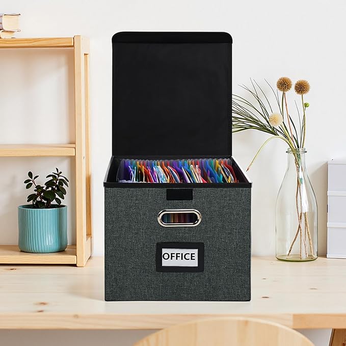 File Organizer Box with Folder, 25 Pockets Accordion File Organizer with Colored Labels, Upgraded & Portable File Folders for Home, Office, School, Dark Grey