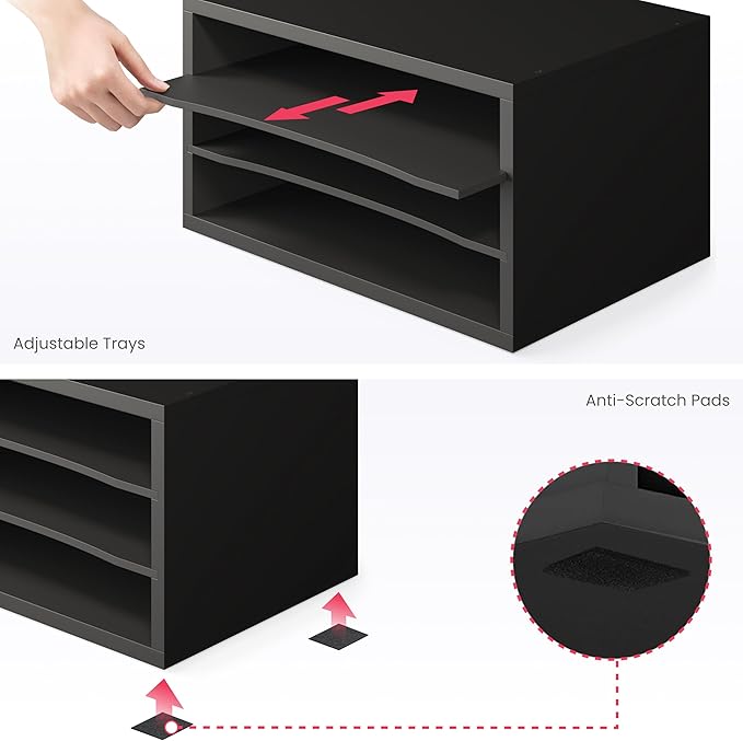 Ballucci Paper Organizer, 3-Tier Stackable Wood Desk Organizer, Document File Organizer and Mail Sorter with Adjustable Storage Shelves, Black