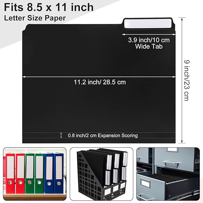 48 Pack Colored Plastic File Folders with Tabs and Sticky Labels Sturdy 1/3 Cut Tab Manila File Folders Letter Size 8. 5 x 11 Inch for Office Home Supplies Organizer Documents(Black)