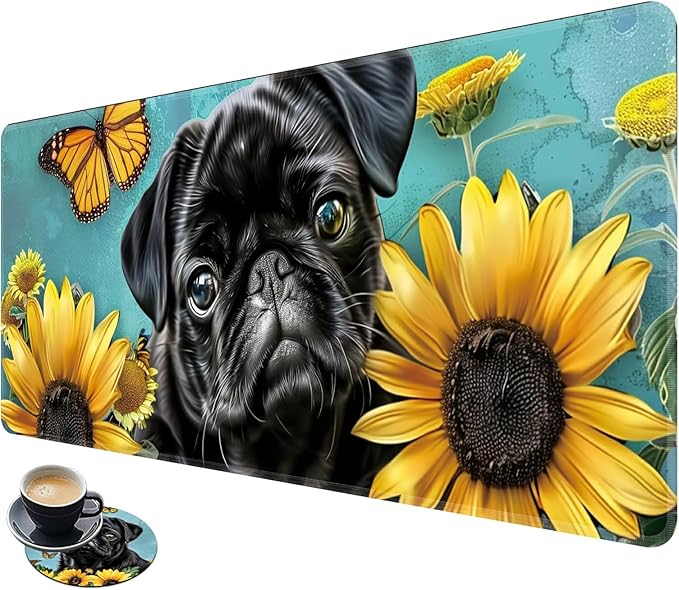 Desk Mat Large Gaming Mouse Pad (31.5x11.8 inch) with Stitched Edges, XL Mouse Pad +Coaster, Extended Mouse Mat Keybroad Mousepad Non-Slip Rubber for Gamer Men Women, Black Bulldog