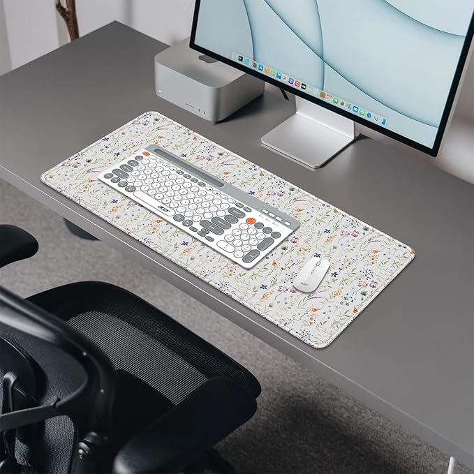 Wildflowers Flowers Mouse Pad,Large White Floral Mousepad Desk Pad with Stitched Edges,Non-Slip Waterproof Rubber Base Mouse Mat for Office Computer Keyboard Laptop Home(27.5x11.8 in)