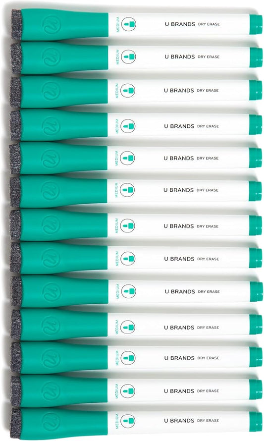 U Brands Fine Tip Dry Erase Markers with Eraser, Whiteboard Markers, Low Odor, Green, Set of 12