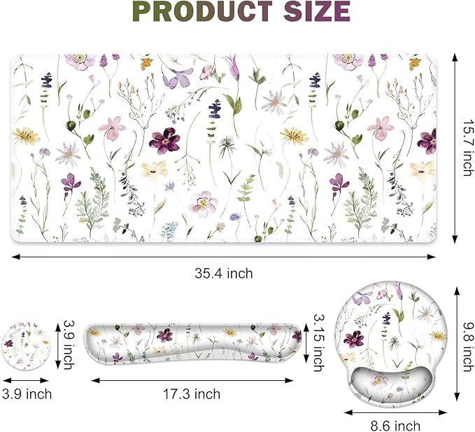 Gaming Mouse Pad, Large Desk Mat, Cute Desk Pad Protector, 4in1 XXL Mousepad + Keyboard Wrist Rest+Mouse Wrist Rest+Coaster Set with Ergonomic Desk Pad for Home Office Computer, Purple Flower Plants