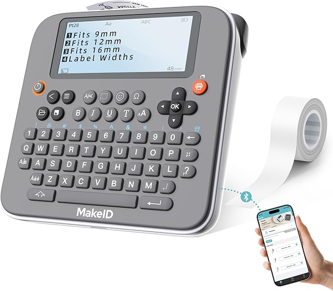 Makeid E1 Portable Label Maker - Bluetooth Compatible Thermal Printer - QWERTY Keyboard, 4.42" LCD Screen - Prints 9mm, 12mm, 16mm Clear Waterproof Sticker Labels - Includes USB Cable