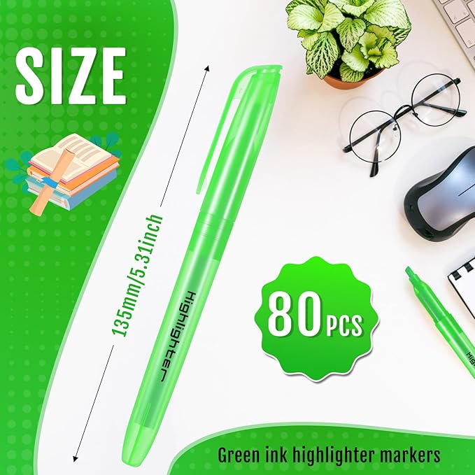 Fulmoon 80 Pieces Highlighters, Chisel Tip Bright Colors Quick Drying Markers for Adults Kids Highlighting in the Home School Office (Green)