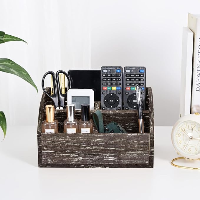 Wood Desk Organizer, Solid Wooden Dark Brown Pen Holder for Desktop Organizer, No Need Assembly, Home Office Supplies Workspace Organizers Mail Holder Remote Control Countertop Storage Box