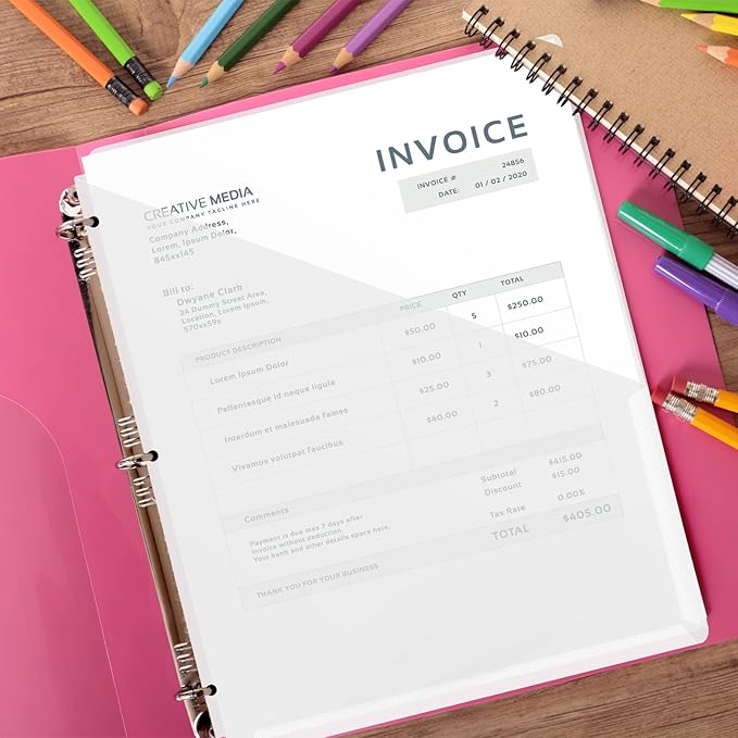 20 Pack Binder Dividers with Pockets Letter Size Clear Slash File Jacket 3 Hole Punch Plastic Document Folders for Office Home School (Transparent)