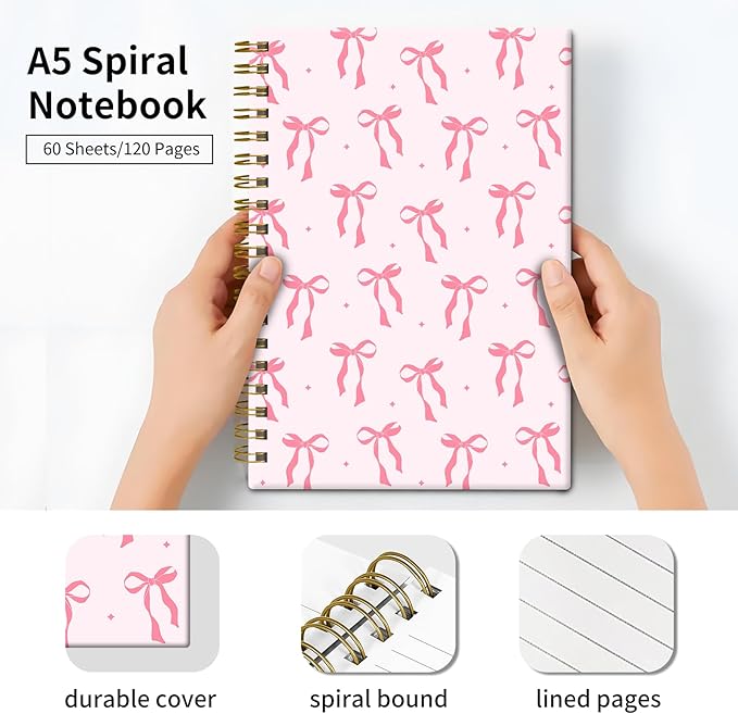 Spiral Journal Notebook, Hardcover Lined Journal for Women, Medium 6 x 8.4 in, 120 Pages Thick Paper, College Ruled Notebook for Writing, Work, Office, and School,Cute Pink Ribbon Bow