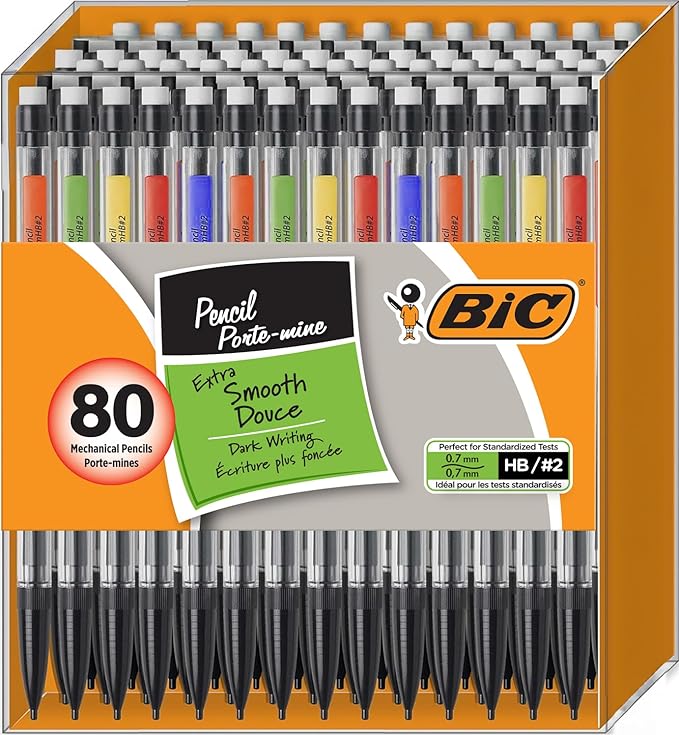BIC Mechanical Pencils #2 Extra Smooth, Transparent Barrels with Assorted Colored Clips - Bulk Pack of 80 Lead Pencils