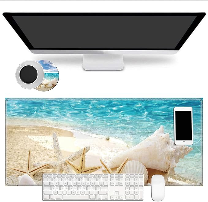 Big Desk Pad (31.5 X 11.8 Inch) Desk Mat Accessories for Women Men Desk Protector Extended Mouse Pad for Office/Home Accessories Writing Pad for Top of Desks +Cup Coaster, Beach Shells