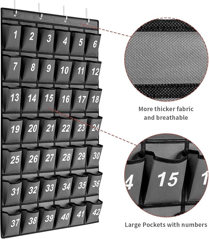 42 Pockets Numbered Classroom Pocket Chart for Cell Phones, Hanging Pocket Chart Storage for Classroom Phone Calculator Holder with 4 Hooks and 42 Clear Numbers Printing (Grey-42pockets)