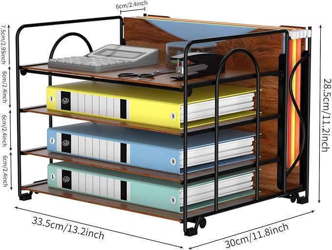 Desk File Organizer, 4-Tier Desk Organizers Wood with 5 A4 File Folders, Letter Size Office Organization, Letter Paper Tray Organizer for Office, School, Home, Black