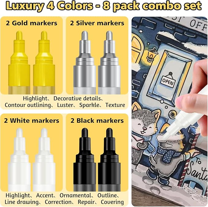 SFAIH Paint Markers Pens - 4 Colors 8 Pack Ultra-High Coverage Acrylic Paint Pens for Rock, Paper, Wood, Fabric, Glass, Metal, Ceramic, Painting, DIY Art Projects, Crafts, Large Capacity Permanent Ink