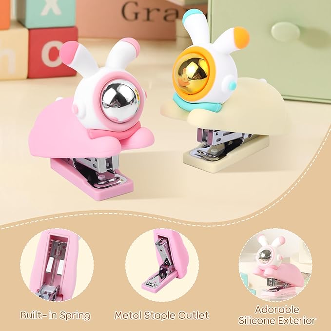 Honagu Cute Stapler, Cartoon Stereoscopic Silicone Stapler, Labor-Saving Office Supplies, Desktop Stationery Gift for Students Kids (Long Ear Pink)