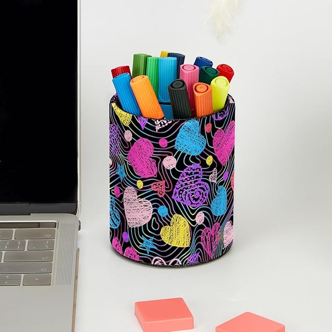 Pen Holder Pencil Holder for desk, Round Desktop Organizer Heart Valentine's Day Pencil Cup for Office, School, Home and Stationary Supplies