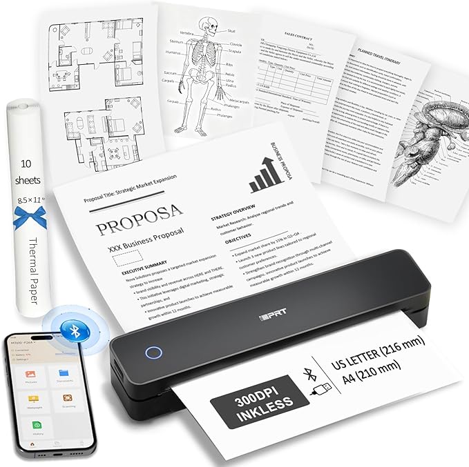 Inkless Portable Printer for Travel, 300DPI Wireless Thermal Printer Support 8.5" x 11" US Letter, A4, MT610Pro Small Bluetooth Printers Compatible with iOS, Android Laptop for Home Office Car, Black
