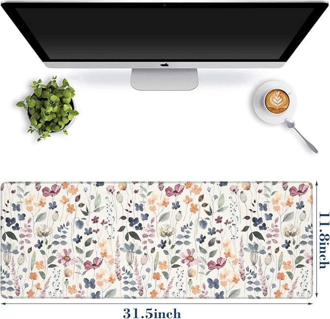Large Gaming Mouse Pad for Desk Watercolor Flowers Big Desk Mat Extended Mousepad with Stitched Edge and Non-Slip Base Long Computer Keyboard Mouse Mat for Home Office Work, 11.8 x 31.5 Inch