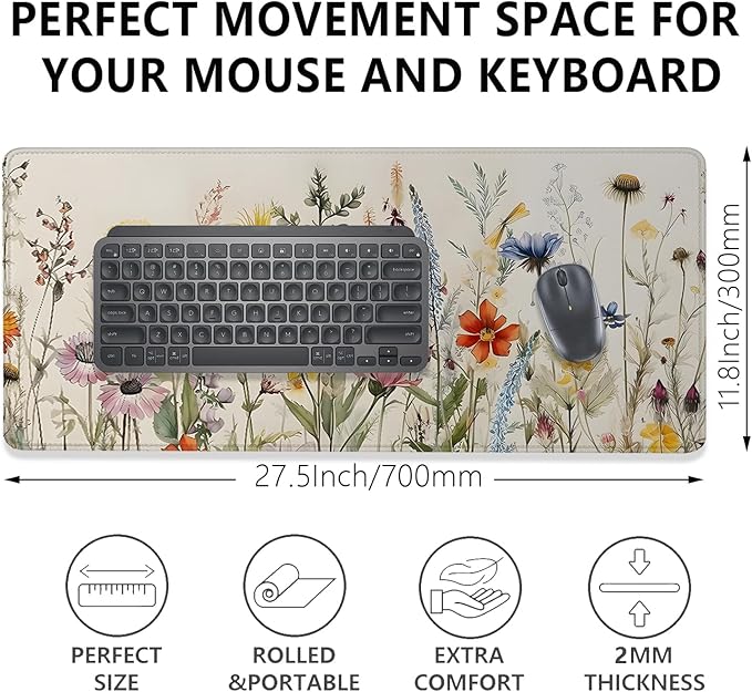 Watercolor Plant Sunflowers Desk Pad Mouse Pad,Floral Prints Extended Large Gaming Mouse Mat with Stitched Edges,Non-Slip Waterproof Rubber Base Mousepad for Office Work Home(27.5X11.8 in)