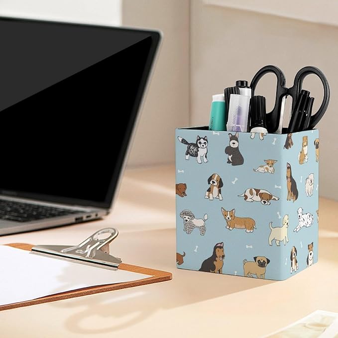 Square Pen Holder & Pencil Organizer for Desk - Office Storage Organizer, Markers/Makeup Brushes/Scissors Holder, Compact Desk Decor Accessories for Home Classroom School(Doodle puppy dog)