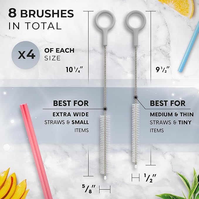 Buenalife Heavy Duty Cleaning Brushes Set of 8 - Extra Long Straw Cleaners for Metal and Plastic Reusable Drinking Straws, to Clean Small Spaces, Sippy Cups, Water Bottles - Sturdy Hard Brush Bristles
