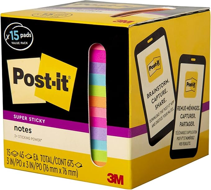 Post-it Super Sticky Notes, Assorted Bright Colors, 3x3 in, 15 Pads/Pack, 45 Sheets/Pad, 2X The Sticking Power, Recyclable, Multi-Color