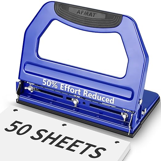 AFMAT HP18 3 Hole Punch, Metal Heavy Duty Paper Punch with 50-Sheet Capacity and Removable Punch Heads for 2 Hole Punch Function, Large Chip Tray, Blue