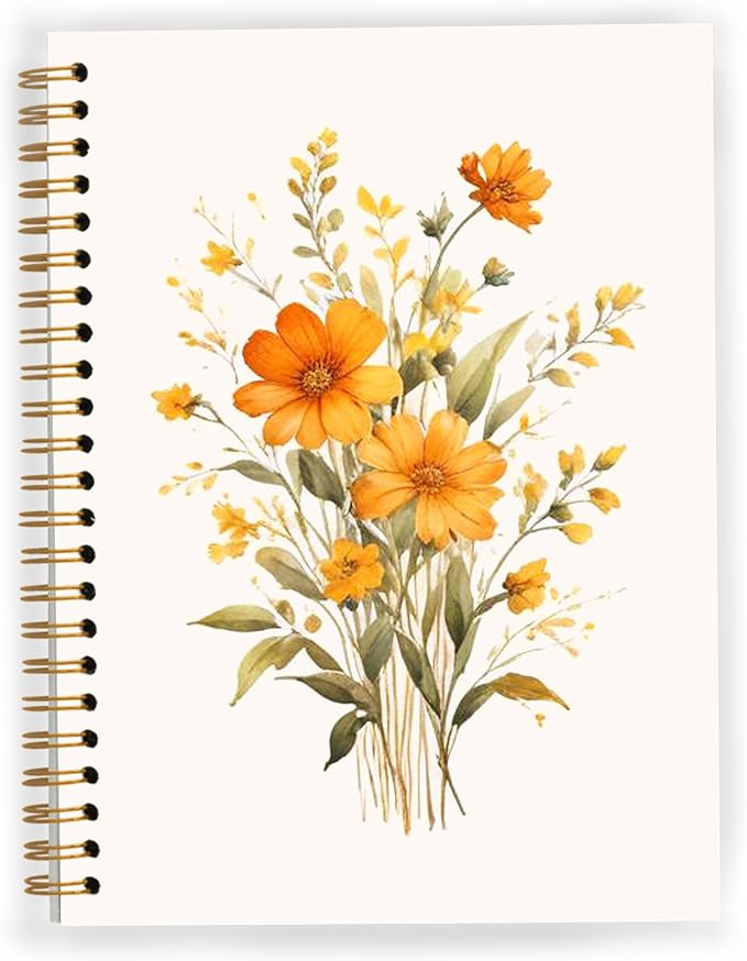 JWVK Rustic Orange Floral Spiral Notebook, Cottagecore Wild Flower Botanical Notebooks for Note Taking, Wildflowers Bouquet Journal for Women, 5.5x8.3 Inch