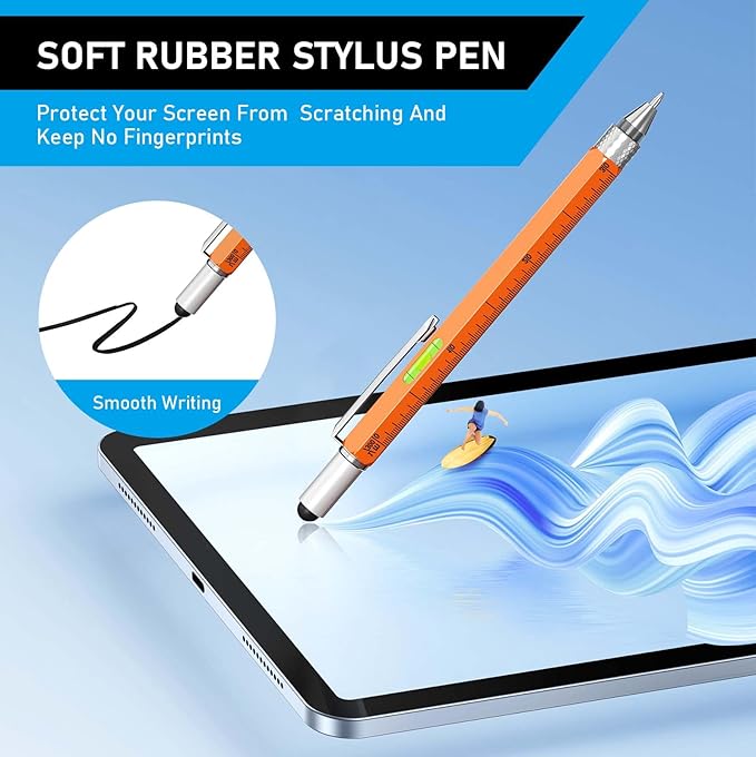 Christmas Stocking Stuffers for Men Adults, 2 Pack Multi-Tool Pen Set, 11 in 1 Multitool Pen with LED Light, Ruler, Level, Screwdriver, Stylus, Flathead, Birthday Gifts for Men, Husband, Him, Orange