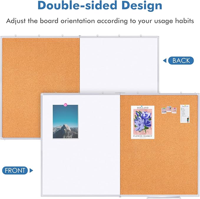Magnetic White Board and Cork Board Combo, 48 X 36 inches Whiteboard Bulletin Combination Board, Wall Mounted Dry Erase Message Board for Home, School and Office
