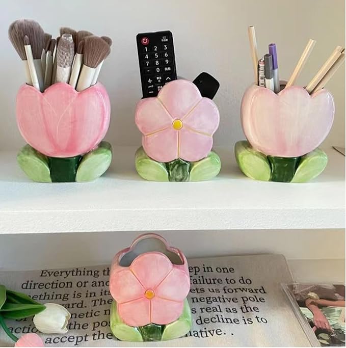 Red Makeup Brush Holder Pen Holder Office Desk Accessories Aesthetic Pencil Holder Cute Toothbrush Holder Flower Home Decor Vase Birthday Gifts for Women Vanity Kawaii Kitchen Utensil Holder