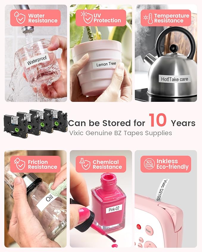 Vixic Pink Label Maker, D210S Label Maker with Tapes Waterproof, Handheld Label Makers Labeler Includes USB-C for Power, Easy-to-Read Screen, Multiple Fonts Icons Frames for Home Office Organization