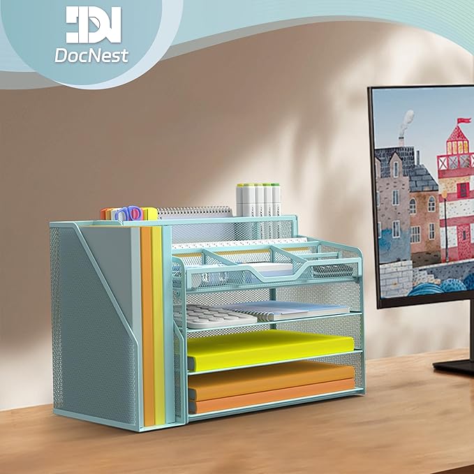 Docnest 4 Tier Mesh Desk Organizer with File Holder – Multi-Functional Paper Letter Tray with 5 Adjustable Compartments, 3 Pen Holders, Desktop Storage for Files, Mail, Stationery – Blue