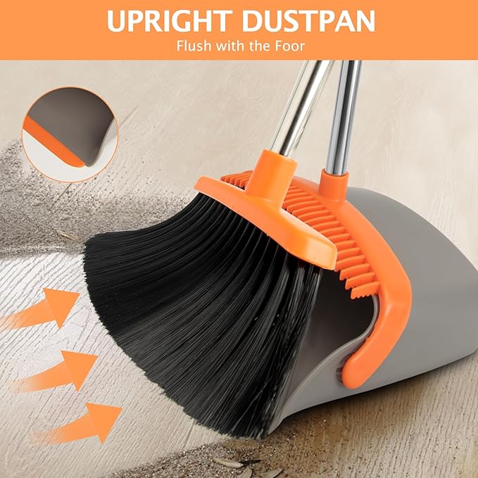 XXFLOWER 2-Pack Broom and Dustpan Set with Long Handle, Heavy Dust Broom and Dustpan Combo for Home，Kitchen, Office, Pet Hair(Gray Orange)