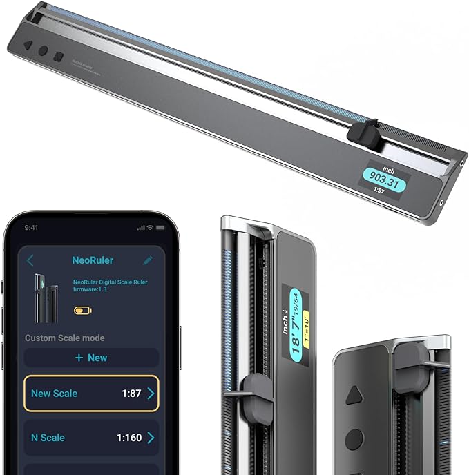 HOZO NeoRuler Digital Scale Ruler, 12 inch Smart Scale Ruler with Infinite Customized Scales and ±0.004 inch Accuracy, 93 Built-in US Imperial, Metric Scales, Architectural and Engineering