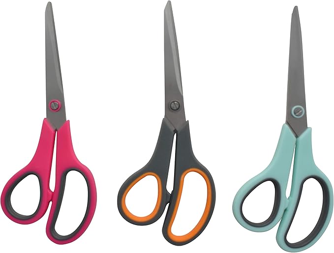 Westcott 8" Straight Stainless Steel Soft Handle Scissors, Assorted Colors, Pack of 3