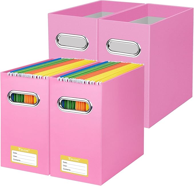BALEINE File Organizer Box, Cardboard File Folder Organizer with Handle for Letter Size, Portable Collapsible Hanging Filing Box for Home Office Document Storage (4 Pack, Pink)