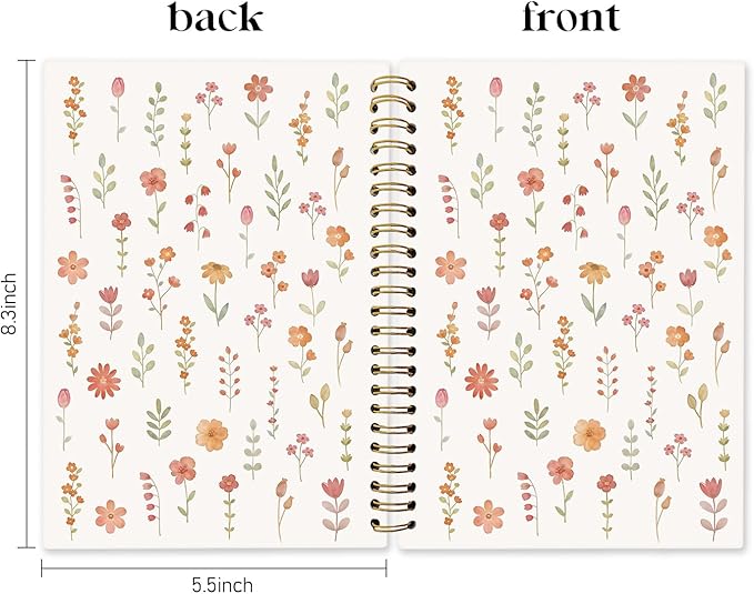 Boho Floral Spiral Notebook Journal, Cottagecore Wildflower Pretty Notebooks for Note Taking, Rustic Botanical Flower Journals for Women, Hardcover Notebook 5.5x8.3