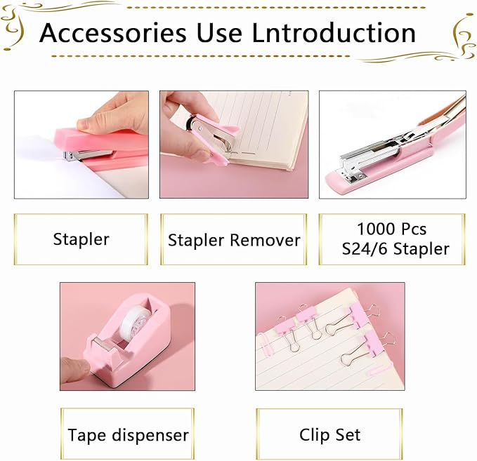 Office Supplies,Desk Accessories, Stapler and Tape Dispenser Set for Women with Stapler, Tape Dispenser, Staple Remover, Staples, Clips, Scissor and Tabs,Gift for Students, Coworkers