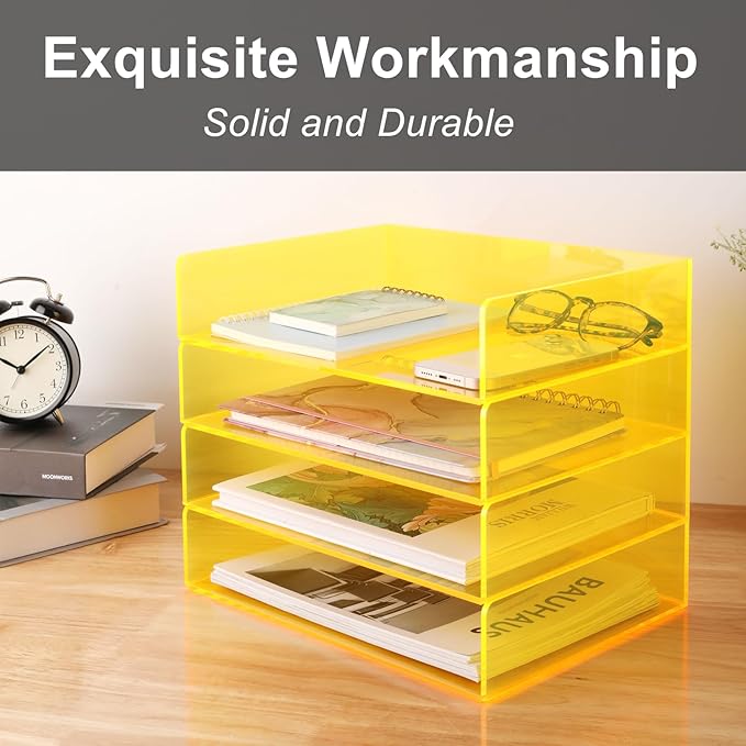 Acrylic File Organizer for Desk 4 Tiered Stackable Letter Tray Office Paper Storage Desktop Document Sorter, Neon Yellow