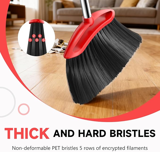 EZKEY Heavy Duty Broom, 54-inch Adjustable Long Handle Angle Brooms Large Brooms for Sweeping Indoor and Outdoor Commercial Broom for Home Kitchen Patio Garage Porch Courtyard Classroom, Red