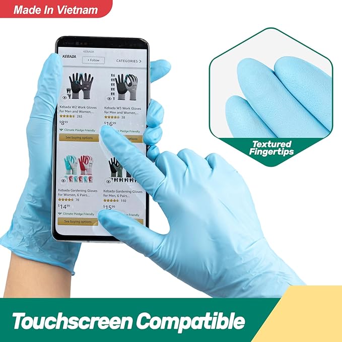 Kebada Nitrile Gloves D1, Nitrile Disposable Gloves for Cleaning, Food Prep, Industrial Grade, Non-Sterile, Food Safe, Powder & Latex Free, Touchscreen, Blue, 1000 CT, Medium (Made in Vietnam)