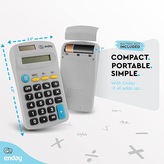 Calculator Grey, Basic Small Solar and Battery Operated, Large Display Four Function, Auto Powered Handheld Calculator School and Kids Available in Green, Red, Purple, Blue, Pink, 1 PK – by Enday