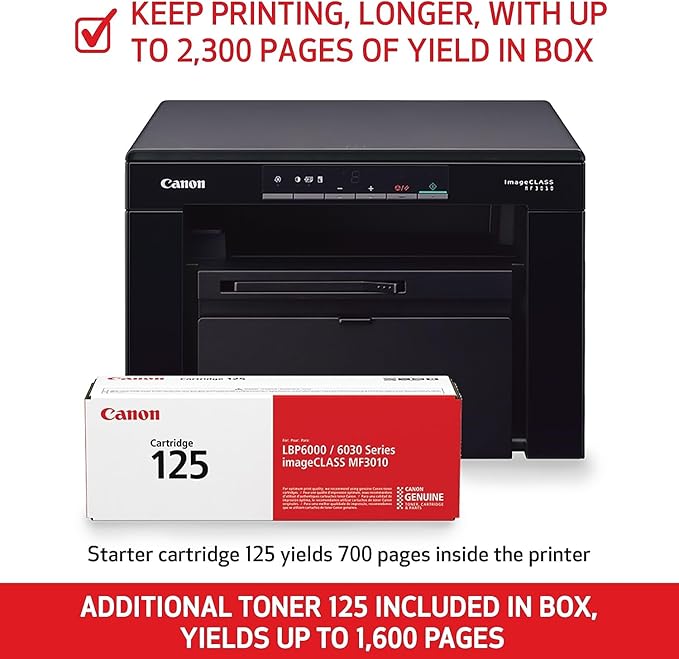 Canon imageCLASS MF3010 VP - Wired Monochrome Multifunction Laser Printer with Scanner, Copier, USB Cable Included, Up To 2,300 Page Toner Yield in Box, 19 PPM, Black